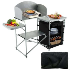 Camping Kitchen Station, Aluminum Folding Camp Cook Table with Windshield