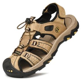 Summer Men Casual Beach Outdoor Water Shoes Breathable Trekking Sandals Hiking Climbing Fishing Genuine Leather Leisure Sandals (Color: Light Brown, size: 39)