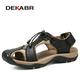 Mens Outdoor Trekking Sandals Summer Breathable Flat Light Fashion Beach Shoes Genuine Leather Luxury Men Sandals (Color: 04 Black, size: 9.5)