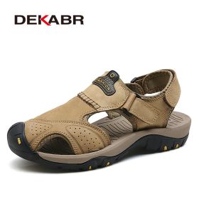 Mens Outdoor Trekking Sandals Summer Breathable Flat Light Fashion Beach Shoes Genuine Leather Luxury Men Sandals (Color: 03 Khaki, size: 7)