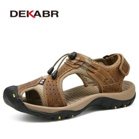 Mens Outdoor Trekking Sandals Summer Breathable Flat Light Fashion Beach Shoes Genuine Leather Luxury Men Sandals (Color: 04 Khaki, size: 8.5)