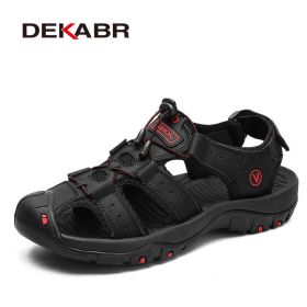 Mens Outdoor Trekking Sandals Summer Breathable Flat Light Fashion Beach Shoes Genuine Leather Luxury Men Sandals (Color: 02 Black, size: 14)