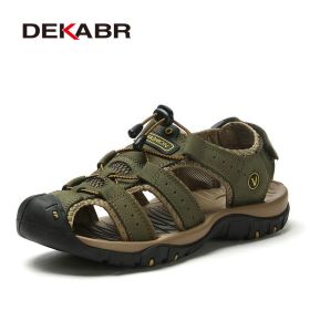 Mens Outdoor Trekking Sandals Summer Breathable Flat Light Fashion Beach Shoes Genuine Leather Luxury Men Sandals (Color: 02 Army Green, size: 6.5)