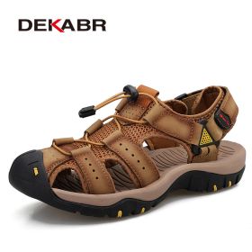 Mens Outdoor Trekking Sandals Summer Breathable Flat Light Fashion Beach Shoes Genuine Leather Luxury Men Sandals (Color: 01 Khaki, size: 8)