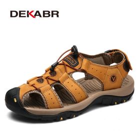 Mens Outdoor Trekking Sandals Summer Breathable Flat Light Fashion Beach Shoes Genuine Leather Luxury Men Sandals (Color: 02 Yellow Brown, size: 10)