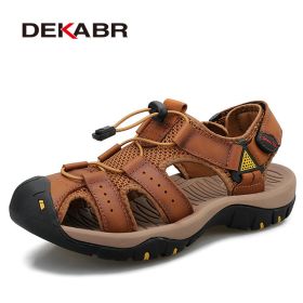 Mens Outdoor Trekking Sandals Summer Breathable Flat Light Fashion Beach Shoes Genuine Leather Luxury Men Sandals (Color: 01 Brown, size: 9.5)