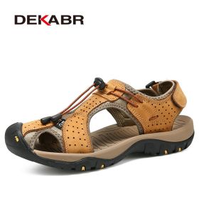 Mens Outdoor Trekking Sandals Summer Breathable Flat Light Fashion Beach Shoes Genuine Leather Luxury Men Sandals (Color: 04 Yellow Brown, size: 8.5)