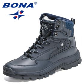 BONA 2022 New Designers High-Top Hiking Boots Men Action Leather Outdoor Wear-Resistant Non-Slip Snow Shoes Man Ankle Boots Soft (Color: Deep blue S gray, size: 9)