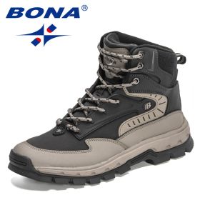 BONA 2022 New Designers High-Top Hiking Boots Men Action Leather Outdoor Wear-Resistant Non-Slip Snow Shoes Man Ankle Boots Soft (Color: Medium grey black, size: 9)