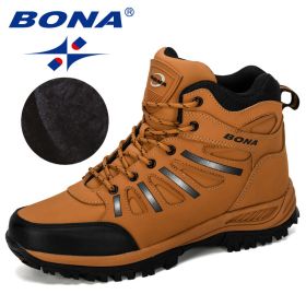 BONA New Designers Popular Trekking Shoes Men Leather Climbing Sport Sneakers Man Zapatillas Outdoor Hombre Hiking Shoes (Color: Earth yellow, size: 10.5)