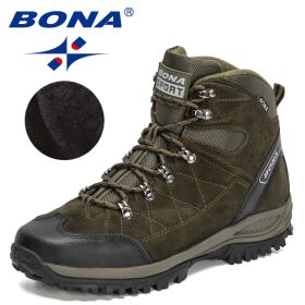 BONA 2022 New Designers Brand Winter Snow Boots Men Warm Plush High Top Boots Man Suede Leather Ankle Boots Non-slip Mansculino (Color: Army green black, size: 10)