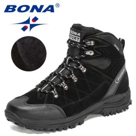 BONA 2022 New Designers Brand Winter Snow Boots Men Warm Plush High Top Boots Man Suede Leather Ankle Boots Non-slip Mansculino (Color: Black silver gray, size: 9.5)