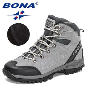 BONA 2022 New Designers Brand Winter Snow Boots Men Warm Plush High Top Boots Man Suede Leather Ankle Boots Non-slip Mansculino (Color: Dark grey black, size: 9)