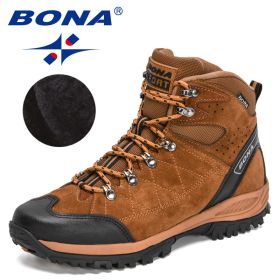 BONA 2022 New Designers Brand Winter Snow Boots Men Warm Plush High Top Boots Man Suede Leather Ankle Boots Non-slip Mansculino (Color: Light brown black, size: 9)