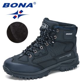 BONA 2022 New Designers Nubuck Hiking Shoes Men Non-Slip Outdoor Wear-Resistant Trekking Footwear Man High Top Plush Snow Boots (Color: Deep blue S gray, size: 8.5)