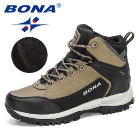 BONA 2022 New Arrival Nubuck High Top Hiking Shoes Men Durable Anti-Slip Outdoor Trekking Shoes Man Plush Warm Snow Winter Boots (Color: Medium grey black, size: 9)