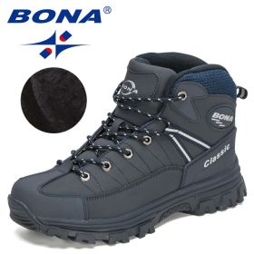 BONA 2022 New Designers Classics Winter Snow Boots Men Action Leather Super Warm Ankle Boots Man Hiking Boots Plush Shoes Male (Color: Deep blue S gray, size: 8.5)