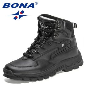 BONA 2022 New Designers High-Top Hiking Boots Men Action Leather Outdoor Wear-Resistant Non-Slip Snow Shoes Man Ankle Boots Soft (Color: Black silver gray, size: 10)